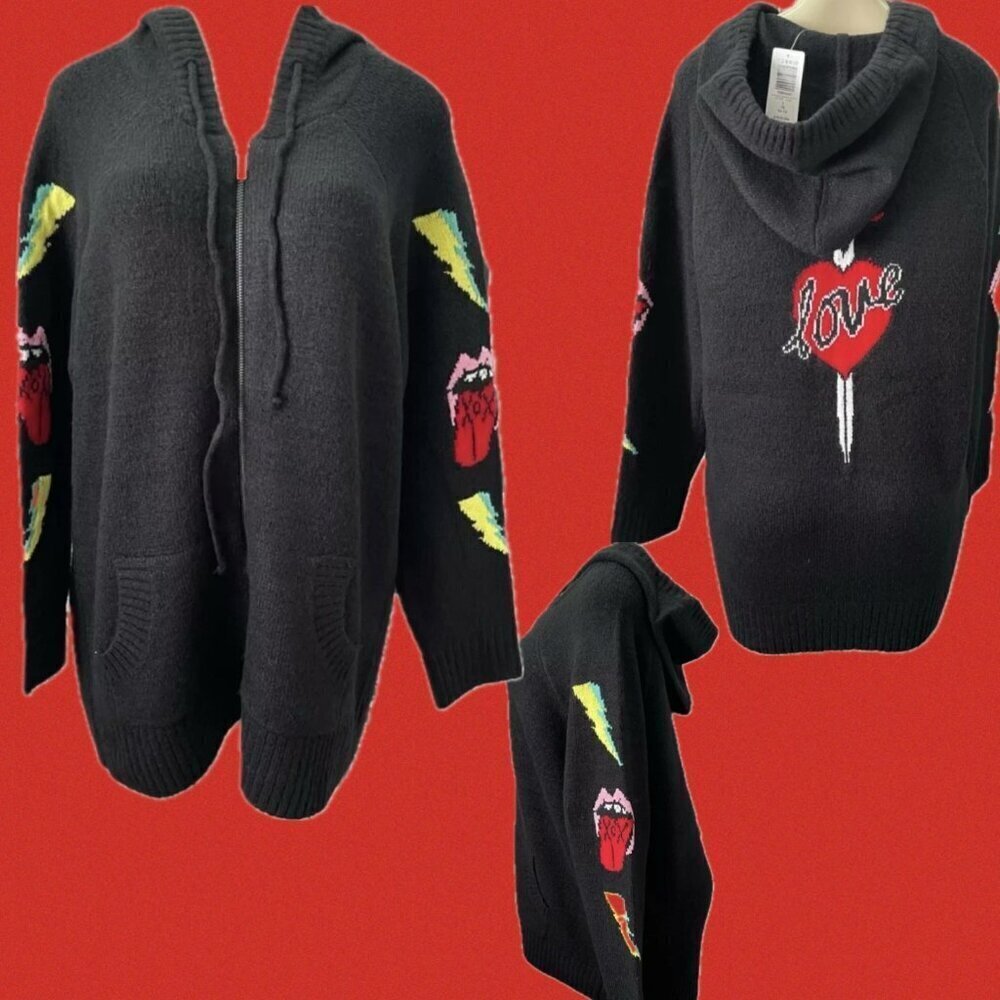 Betsey Johnson XL Black‎ Zip Front Love/Hate Graphic Long Sleeve Hoodie Sweater